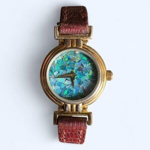 Vintage Pierre Cardin Quartz Watch with Opal Mosaic Dial and Brown Leather Strap